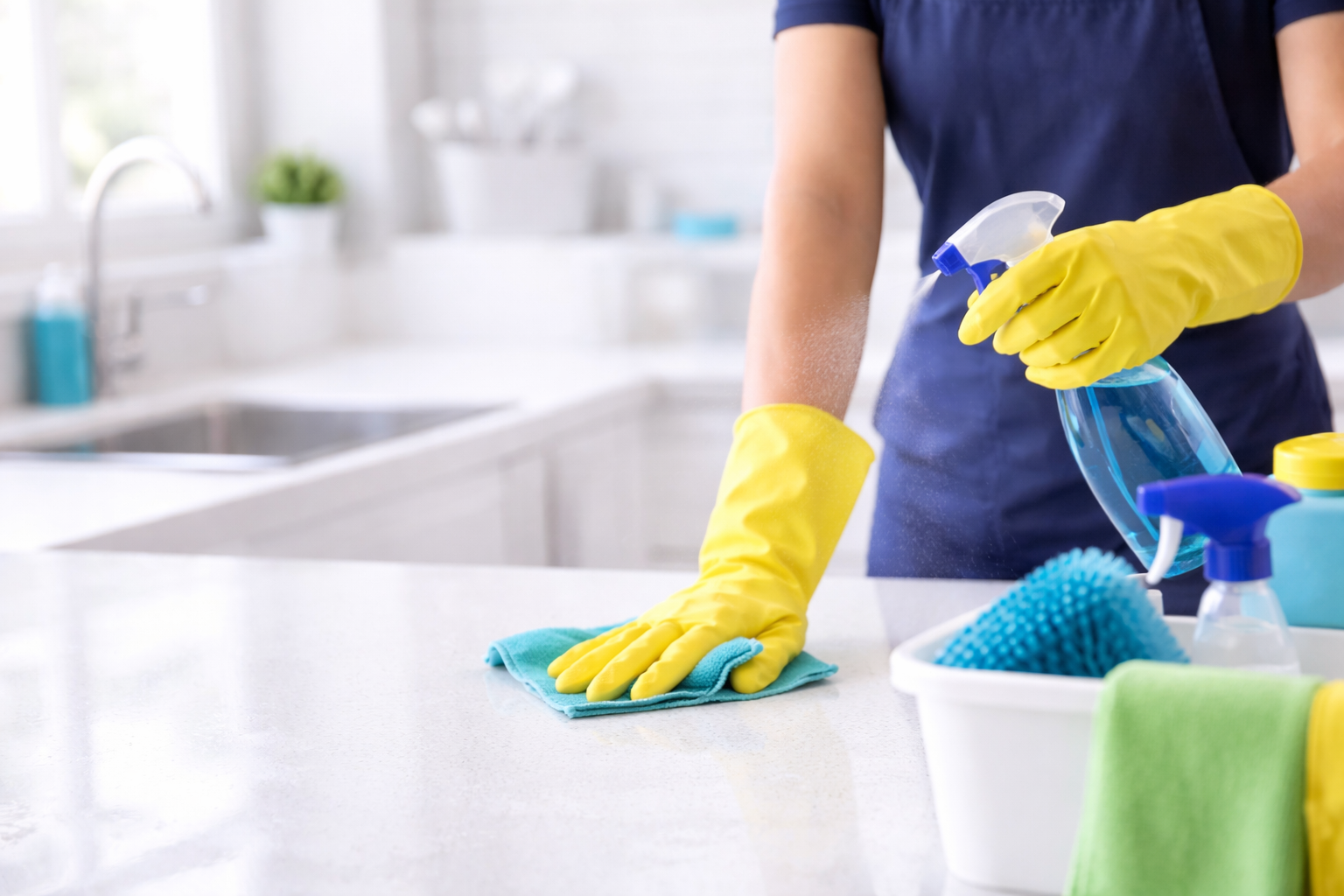 Professional cleaner wiping a white countertop