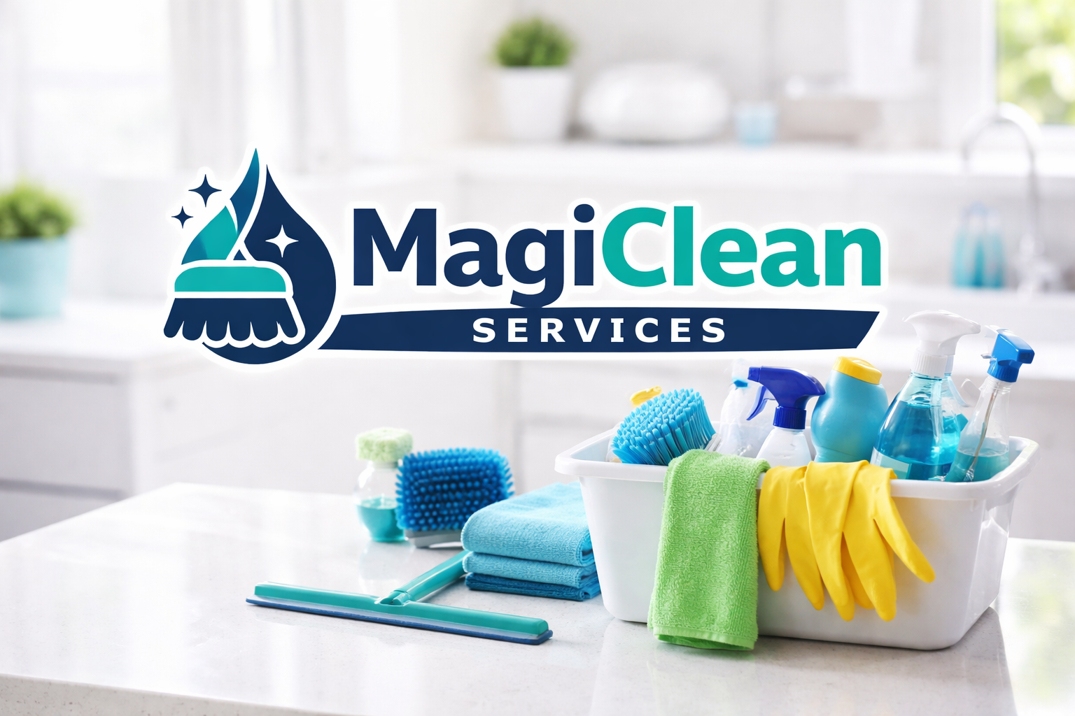 Neatly arranged cleaning supplies in a bright kitchen